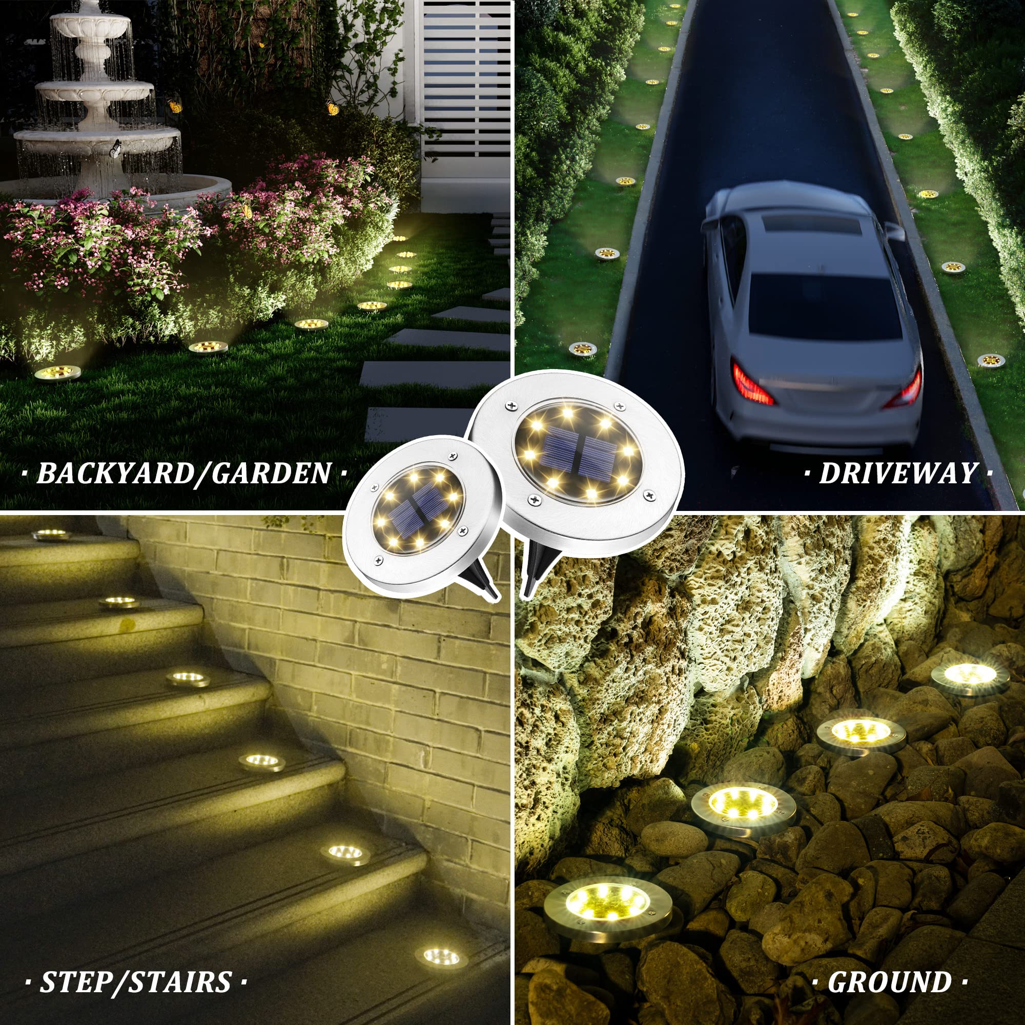 SOLPEX solar ground light disk along the driveway adds warm illumination.