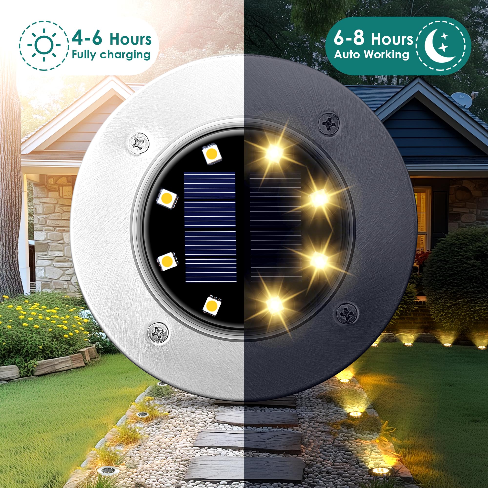 SOLPEX solar ground light disk in garden bed creates welcoming ambiance.