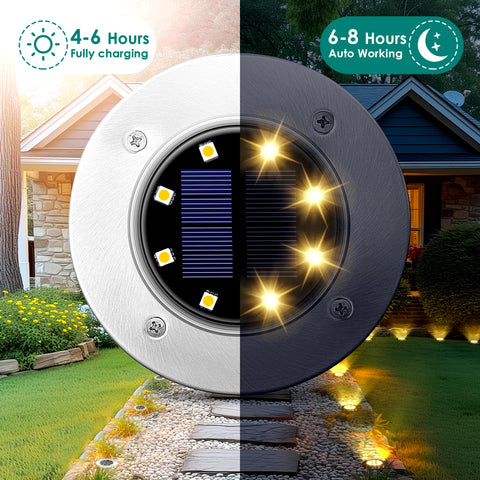 SOLPEX solar ground light disk in garden bed creates welcoming ambiance.