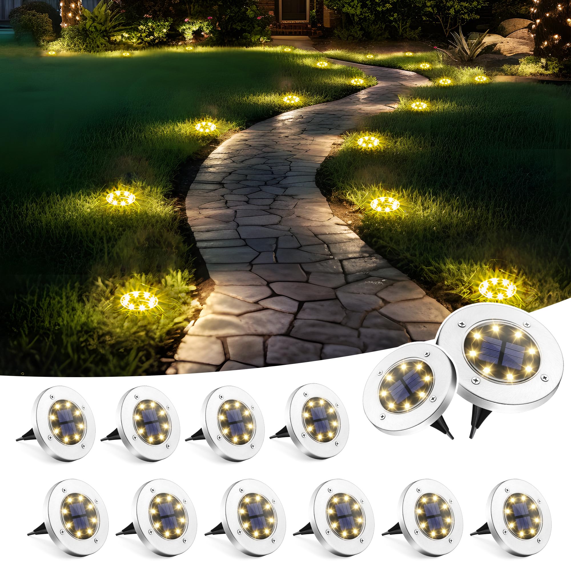 SOLPEX solar ground light disk glows along a lawn path for safe guidance.