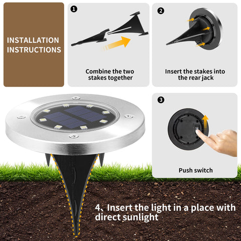 SOLPEX solar ground light disk along patio path provides guided footing after dusk.