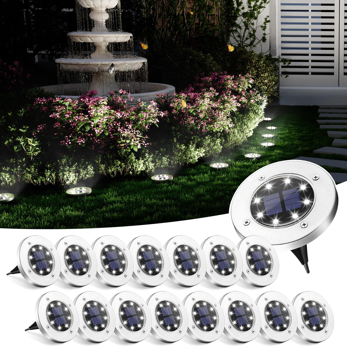 SOLPEX solar ground light with wide panel provides efficient path lighting.