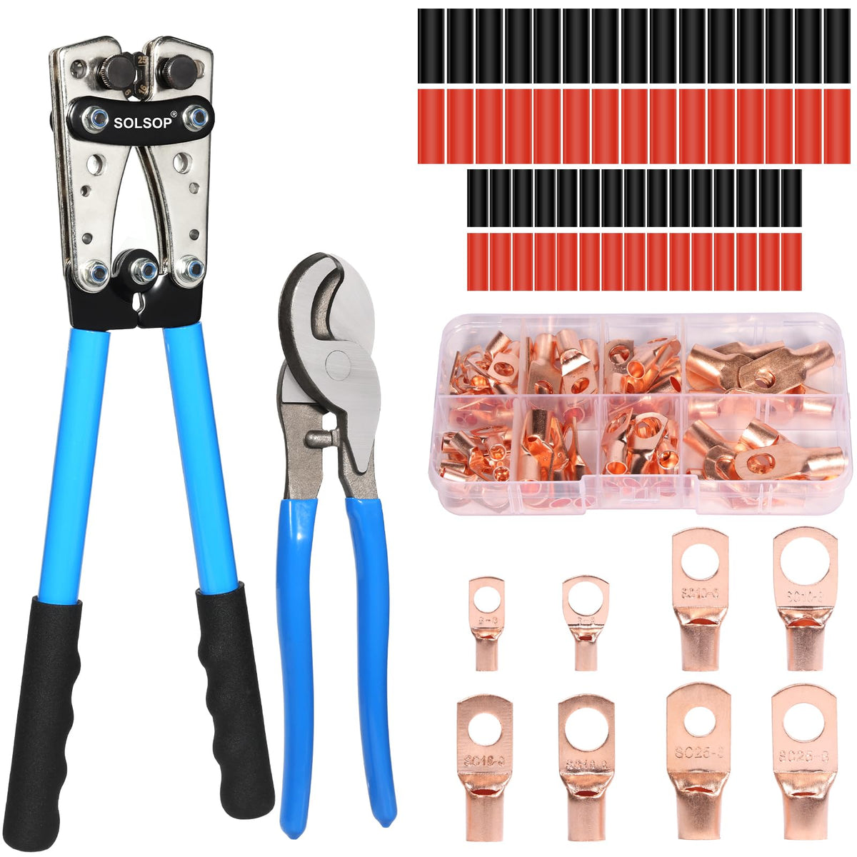 Solsop battery crimper tool with six dies for strong, precise crimps