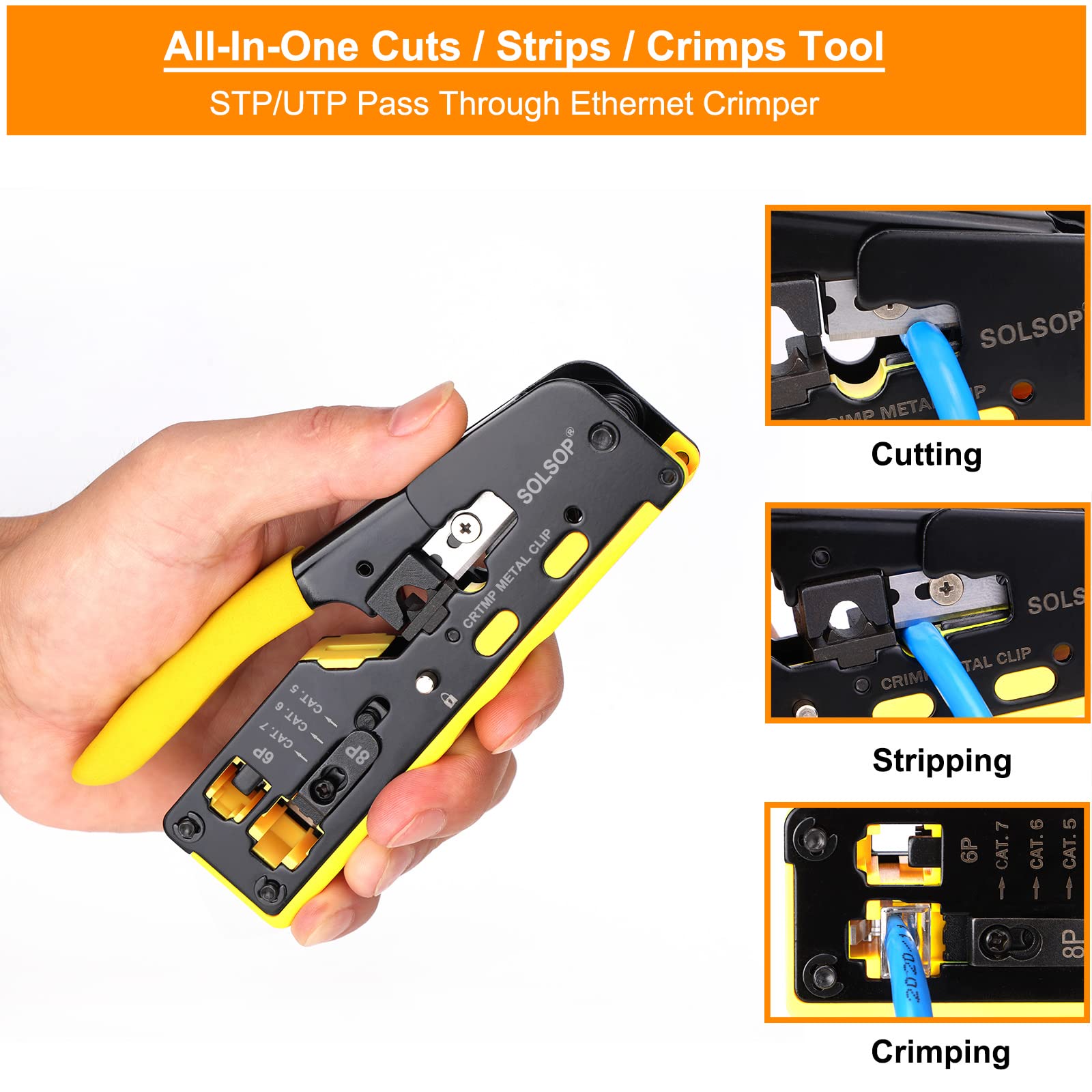 Solsop compact crimp tool with non-slip grip for comfortable one-handed use.