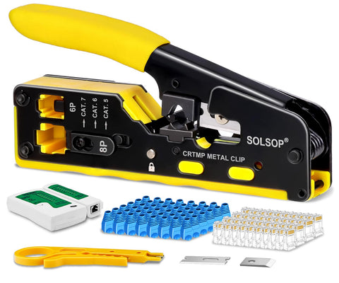 Solsop pass-through RJ45 crimp tool in hand for precise Ethernet terminations.