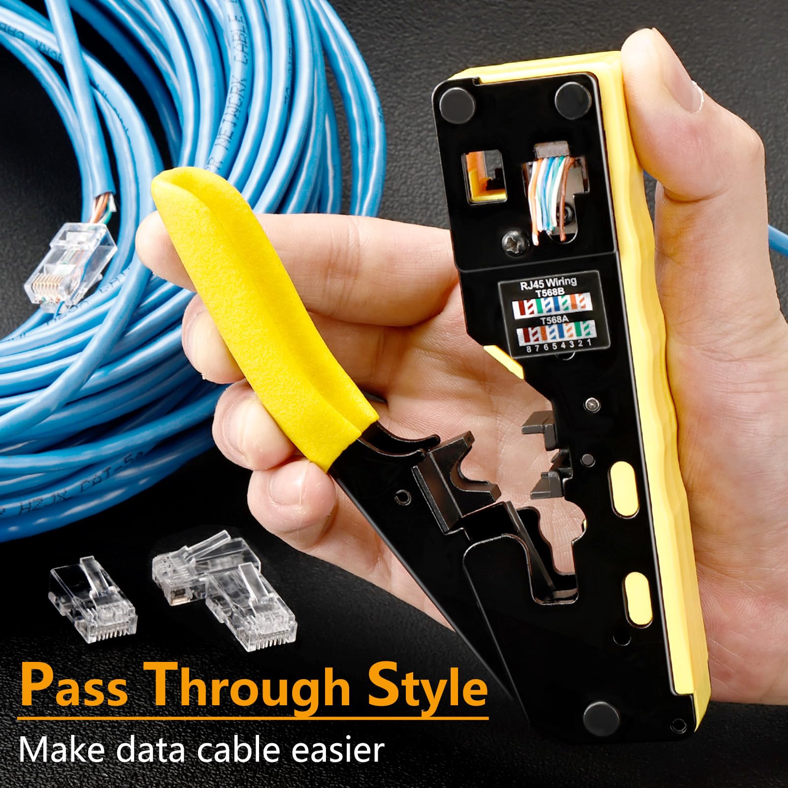 Solsop RJ45 pass-through connectors set for faster terminations.
