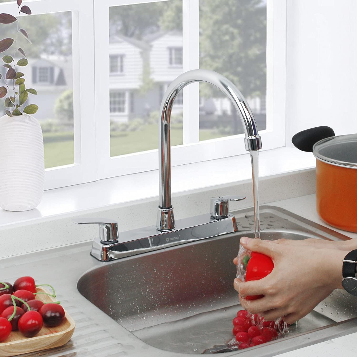 SOLVEX faucet demonstrates 360-degree swivel for flexible reach