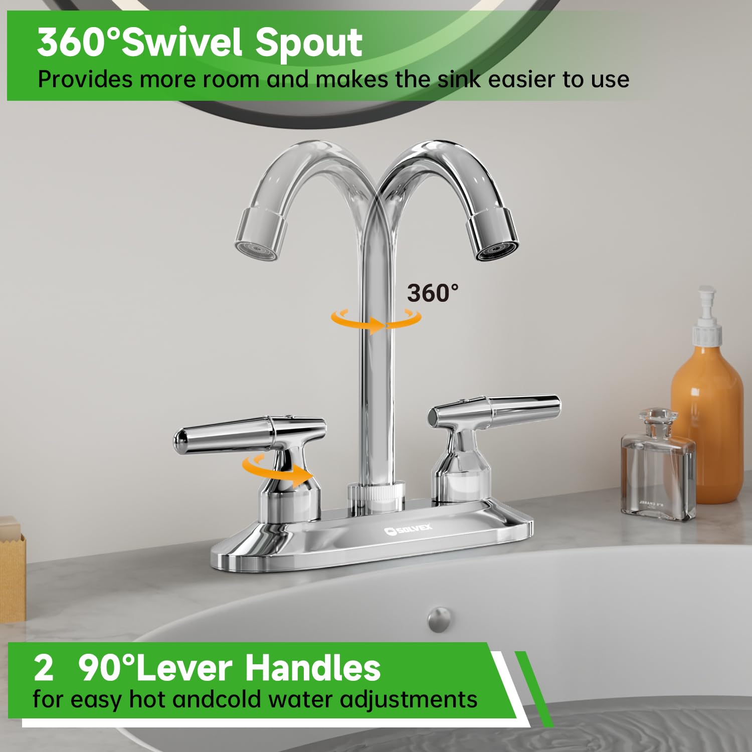 SOLVEX chrome bathroom faucet shown in a 3-hole installation setup.