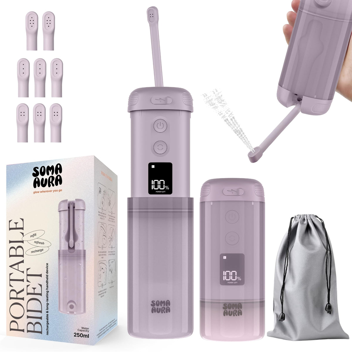 Soma Aura portable bidet with 250ml tank for on-the-go cleansing.