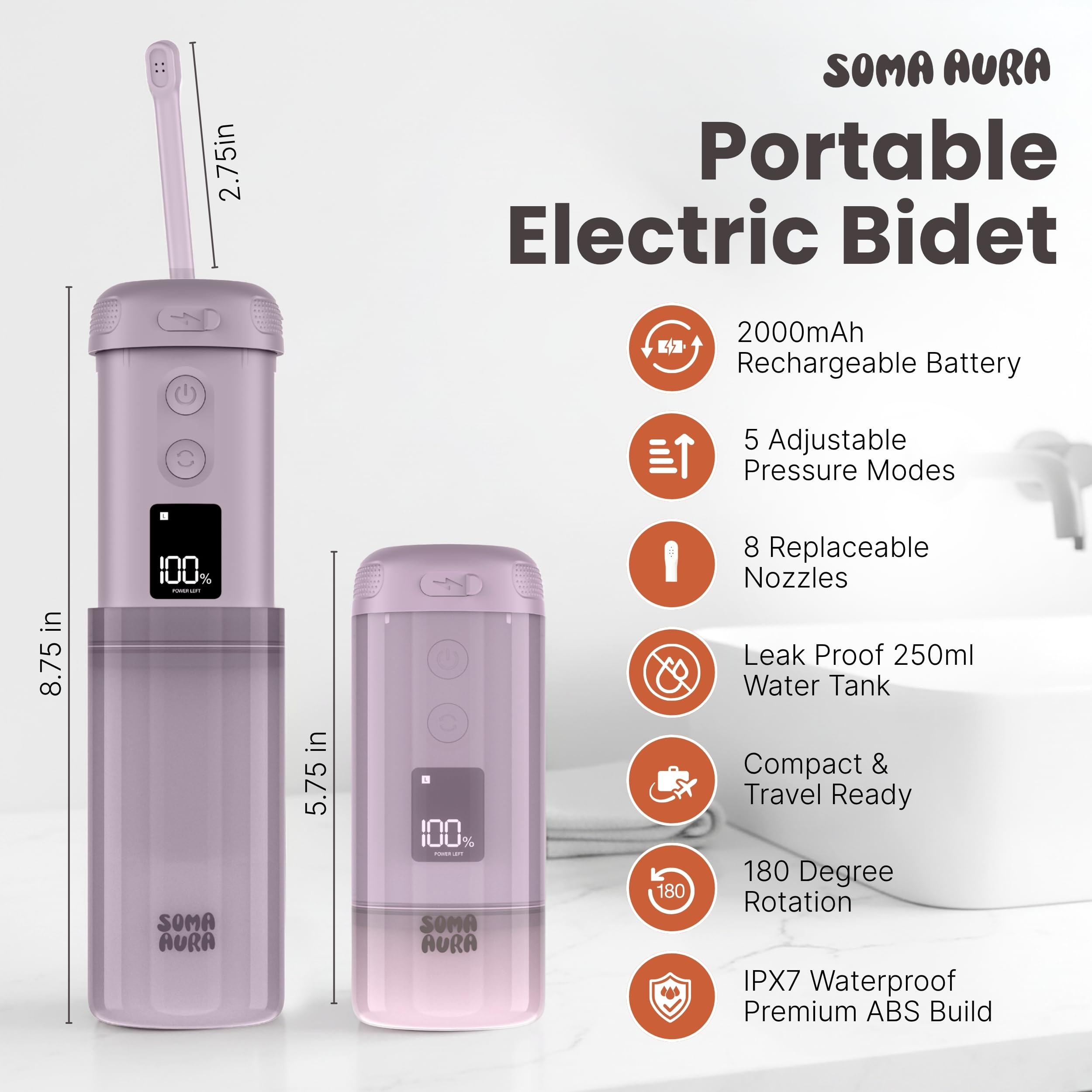 Soma Aura USB-C charging shown for quick recharges during travel.