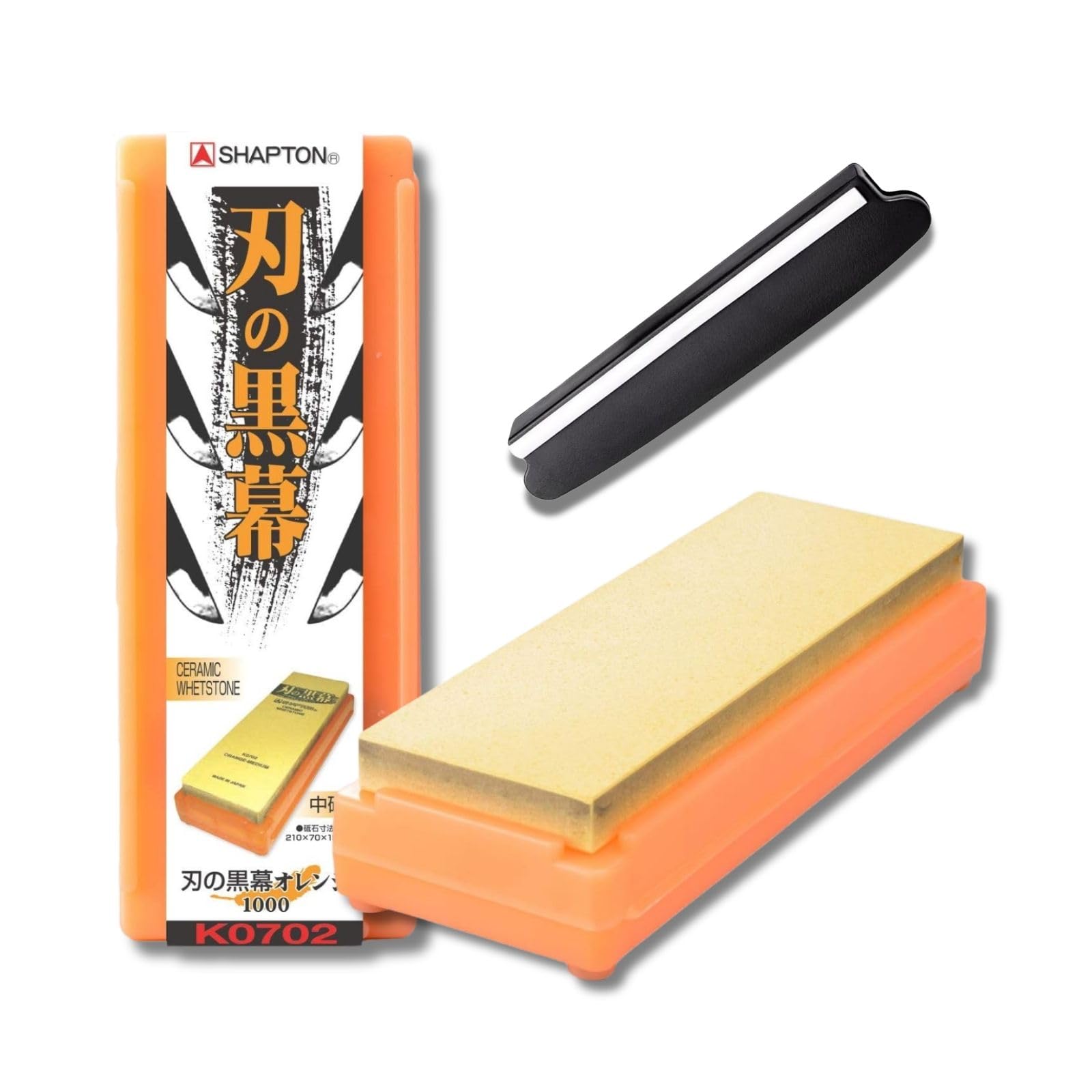 Someie Shapton whetstone orange with angle guide enables precise blade sharpening.