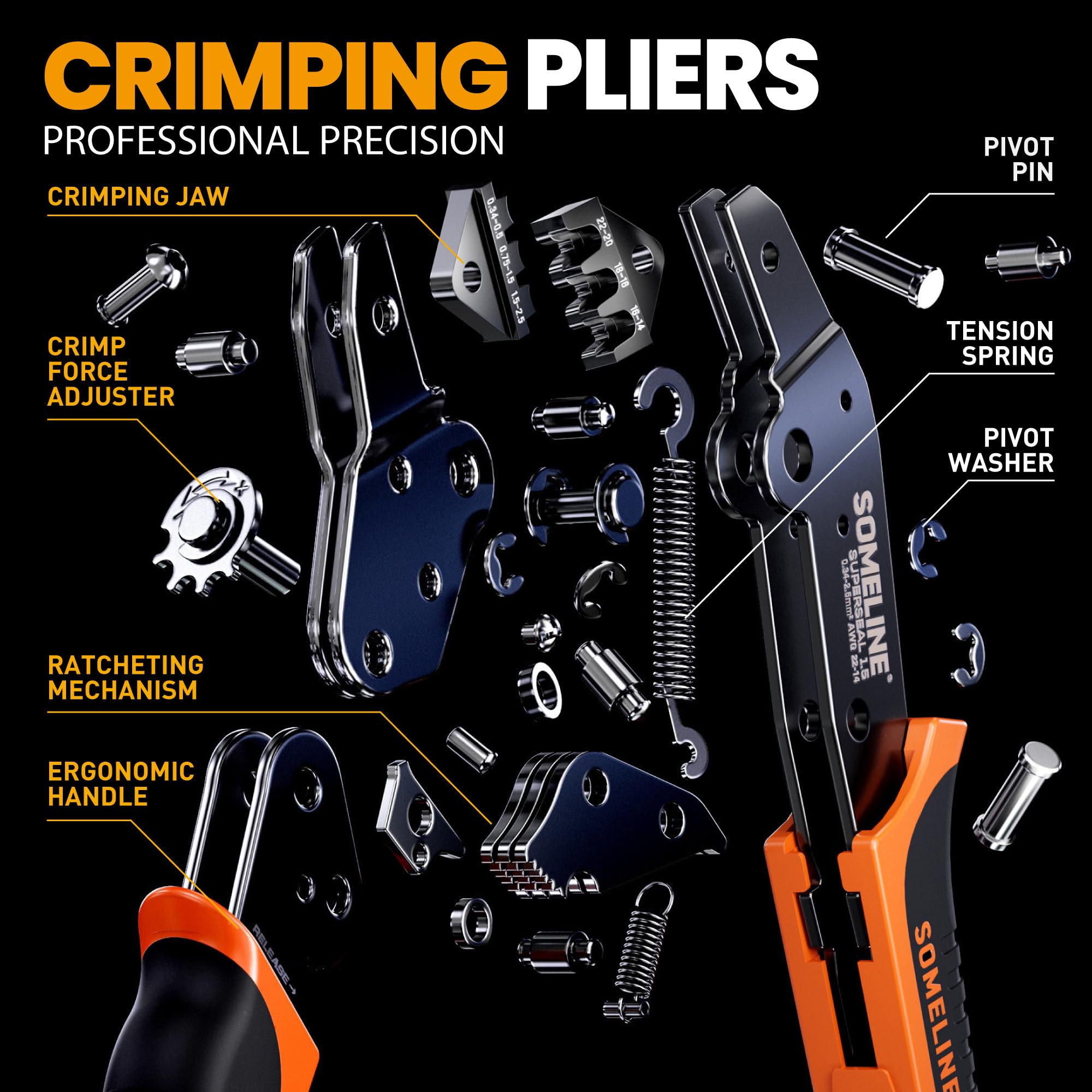 SOMELINE 22-14 AWG crimping range covers automotive wiring.