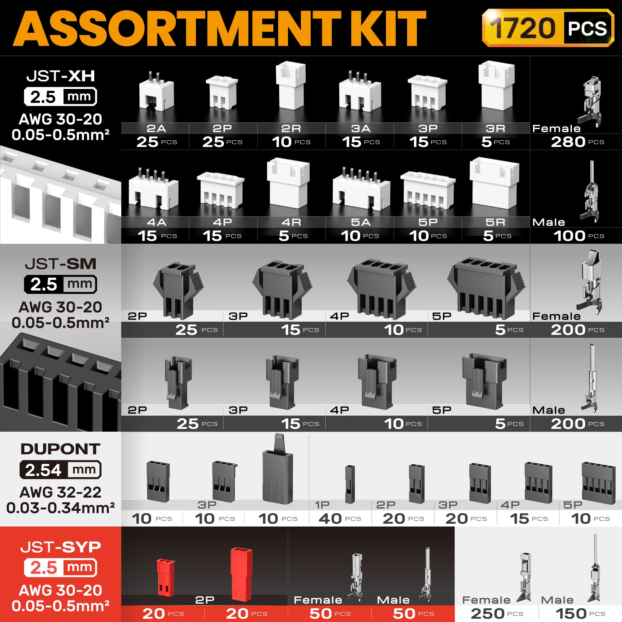 SOMELINE JST-XH/SM/SYP and Dupont connectors for prototyping and wiring.