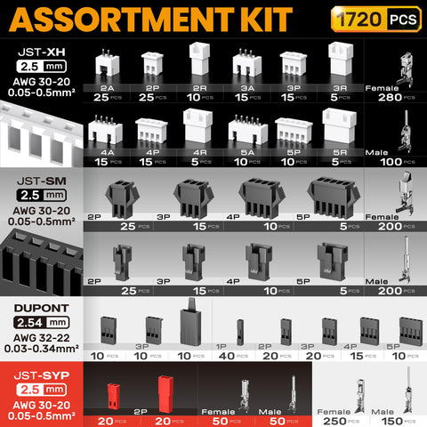 SOMELINE JST-XH/SM/SYP and Dupont connectors for prototyping and wiring.