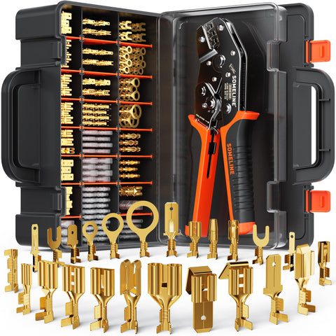 SOMELINE spade-terminal crimping tool setup enables clean, consistent crimps for DIY wiring.
