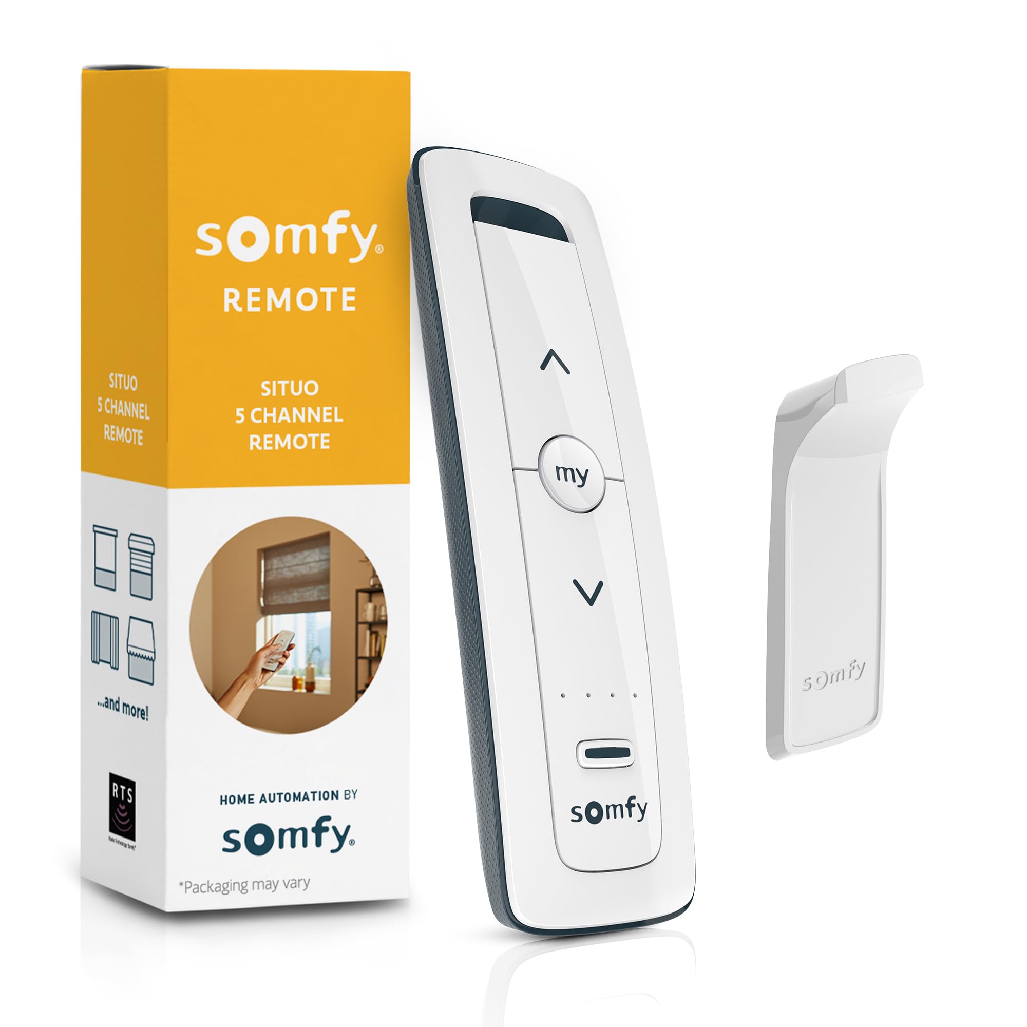Somfy Situo 5 Pure remote front view in clean white finish for easy room-side control.