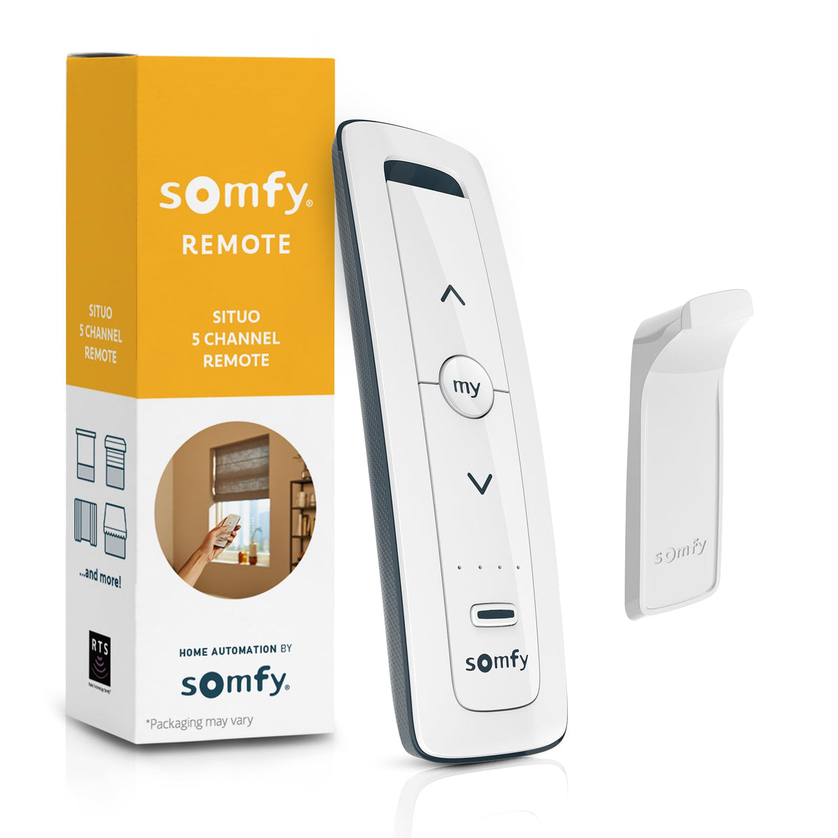 Somfy Situo 5 Pure remote front view in clean white finish for easy room-side control.
