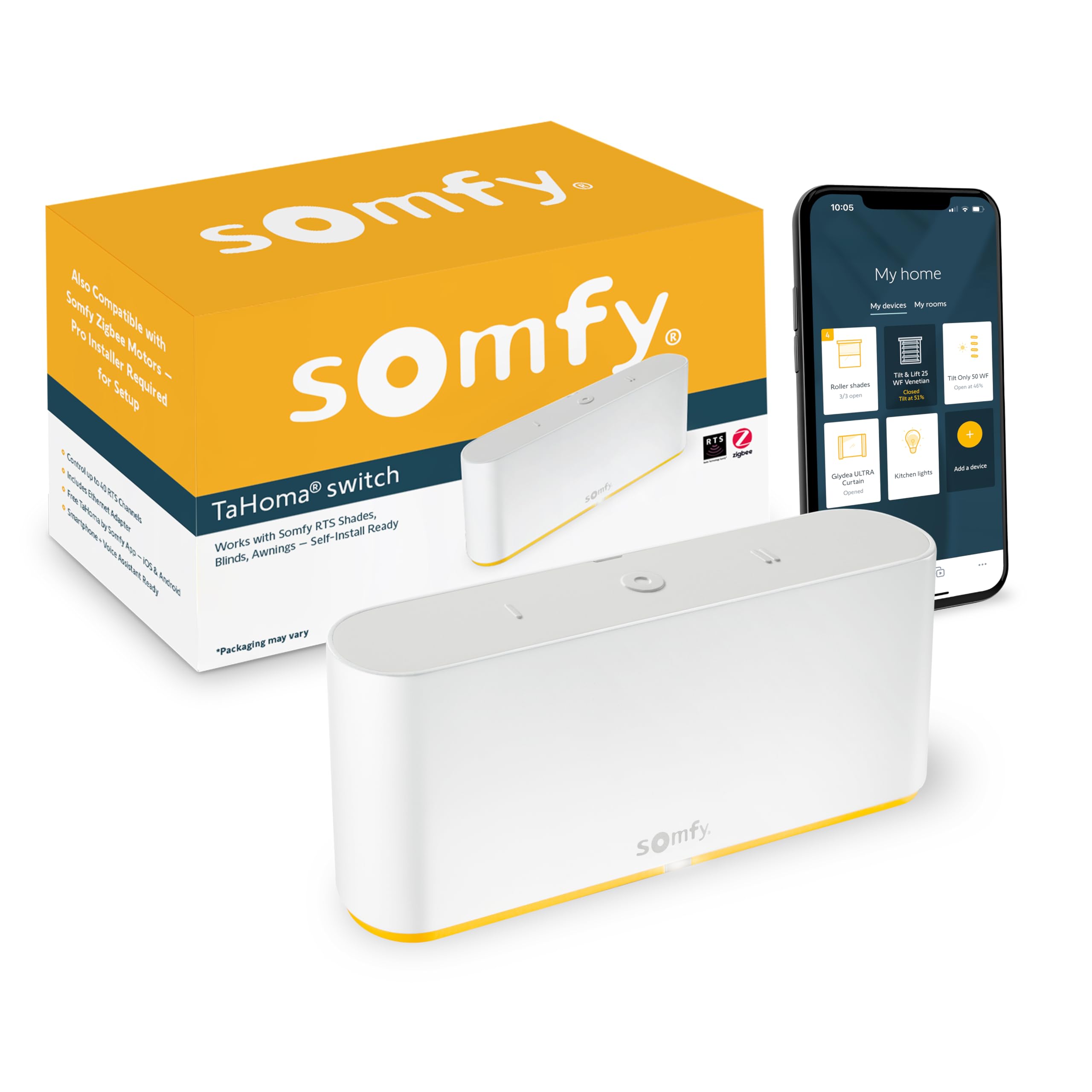 Somfy TaHoma Switch Hub front view showing compact control unit for RTS shades