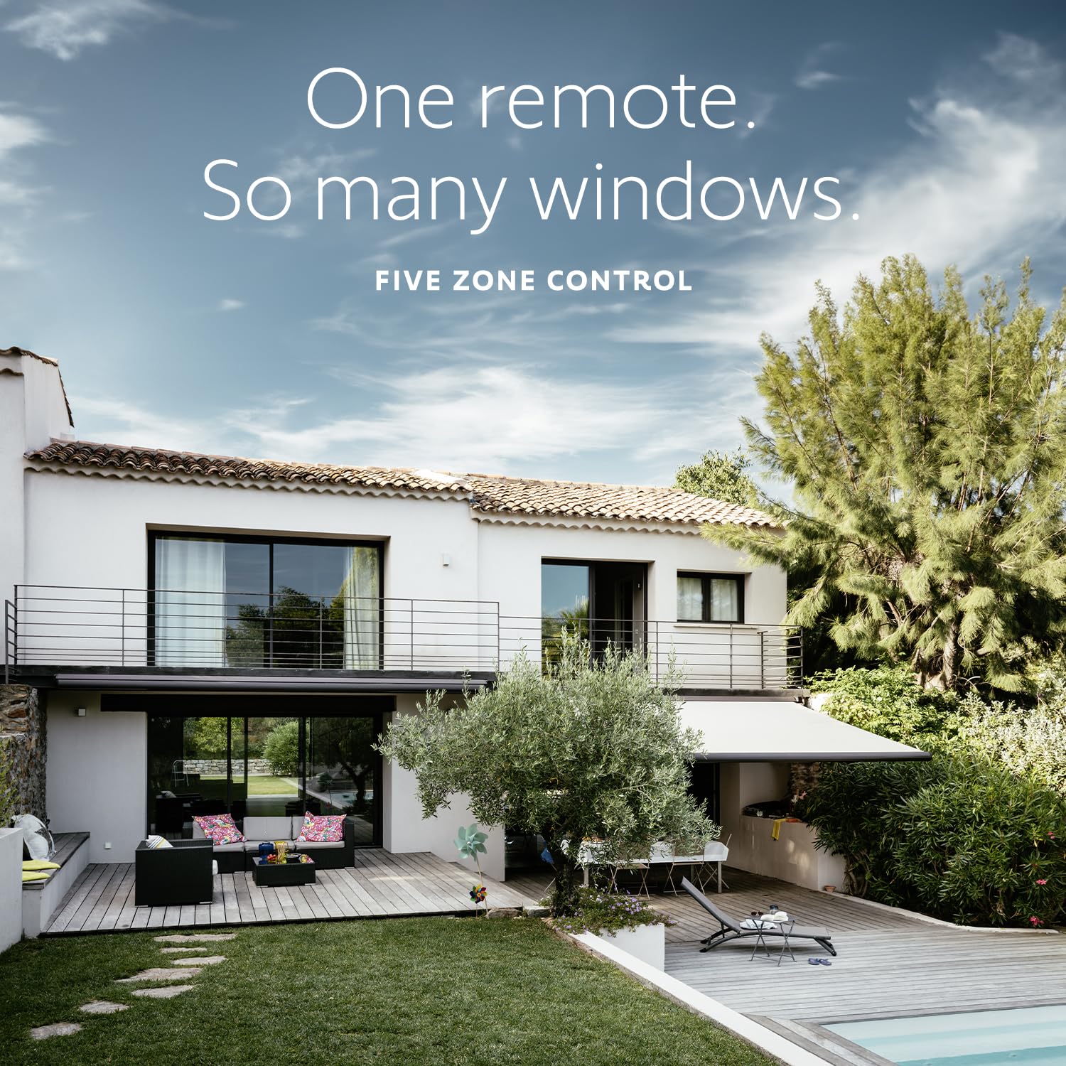 Outdoor patio scene with Telis 4 remote managing multiple shades.