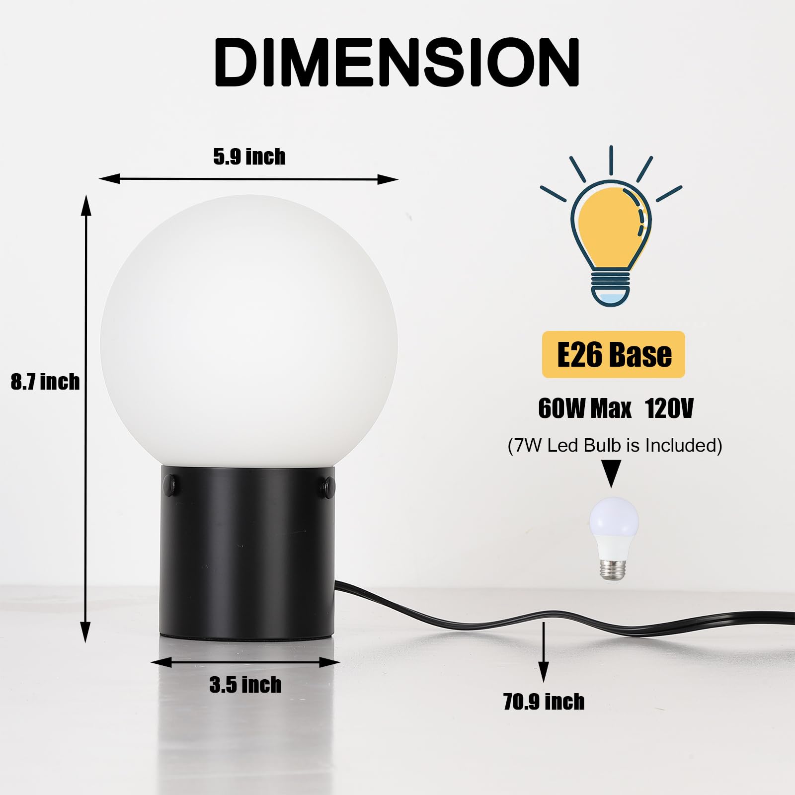 Somniferous small lamp frosted glass shade softens brightness for comfortable lighting.