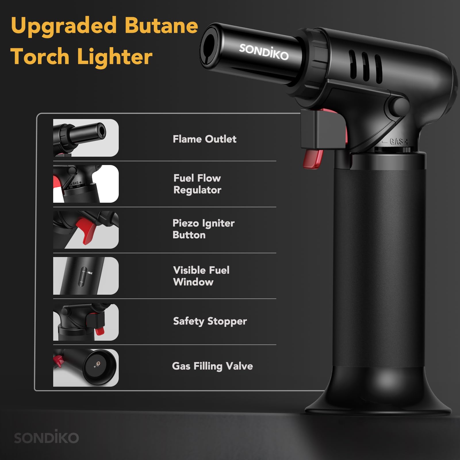 Sondiko piezo ignition with lock offers one-handed ignition.