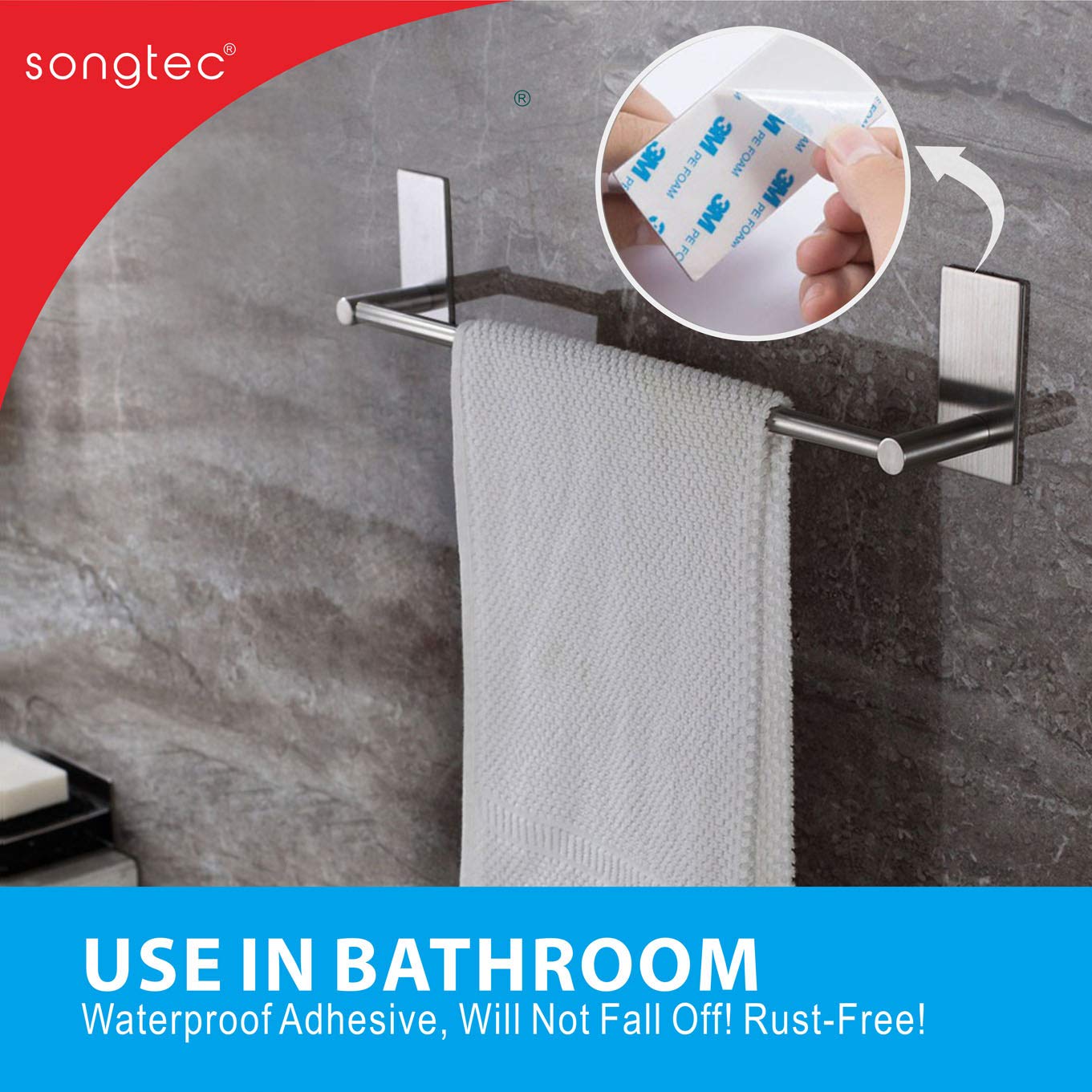 Songtec stainless steel towel rack with self-adhesive ideal for kitchens and bathrooms.