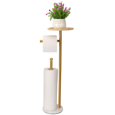 Songtec standing toilet paper holder with big bamboo tray for convenient accessories.