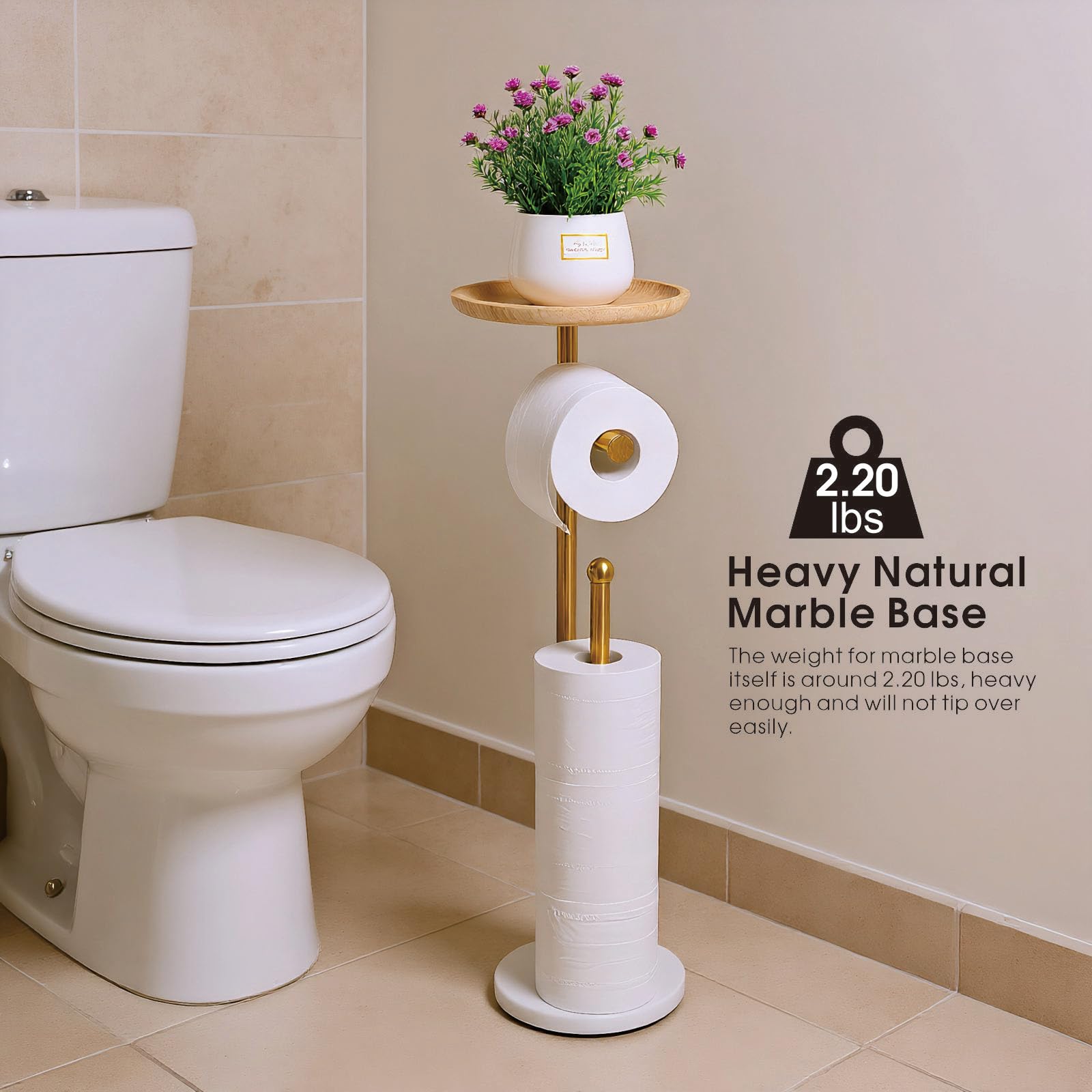 Songtec standing toilet paper holder with marble base for a sturdy bathroom accent.