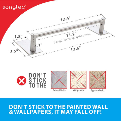Songtec stick-on towel bar provides easy drill-free mounting on smooth surfaces.