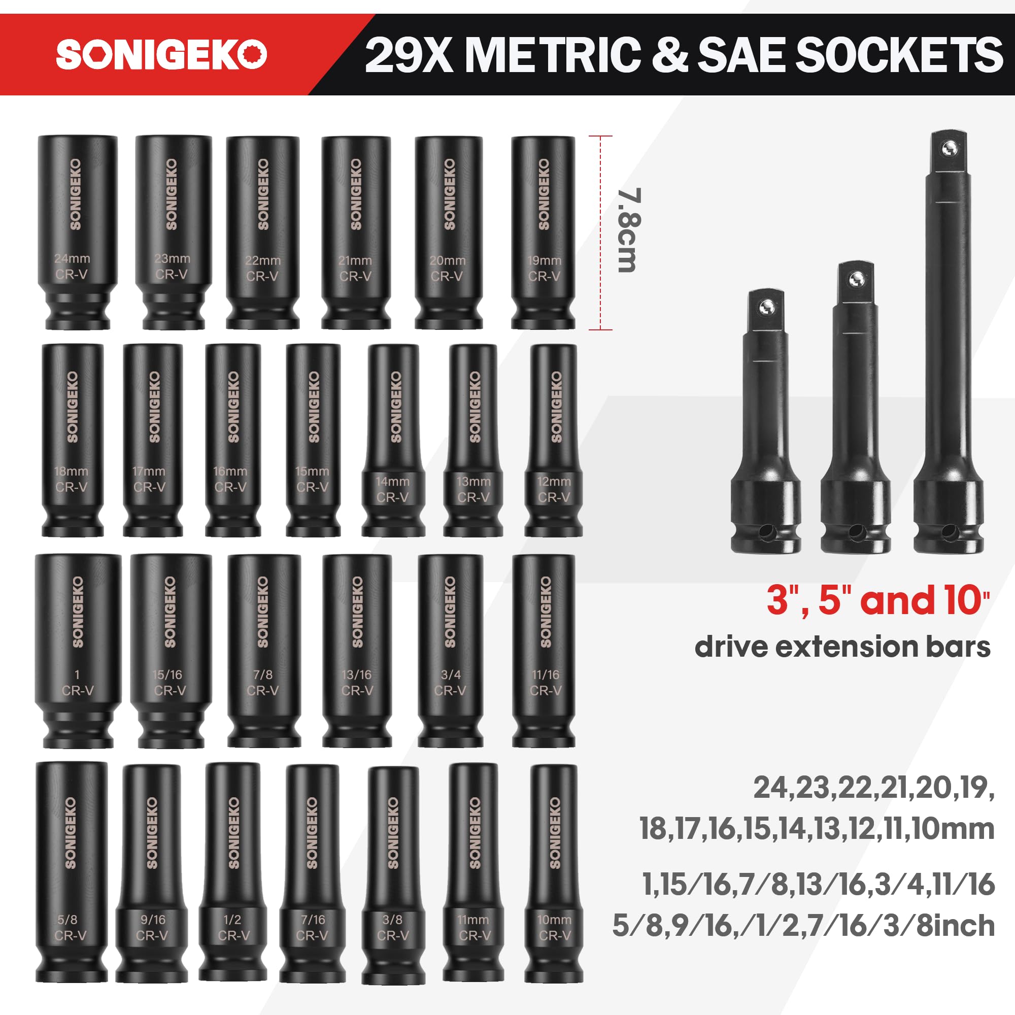 SONIGEKO extension bars in 3, 5, and 10 inches extend reach
