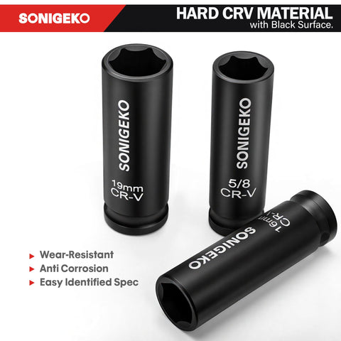 SONIGEKO six-point deep sockets maximize grip and reduce rounding