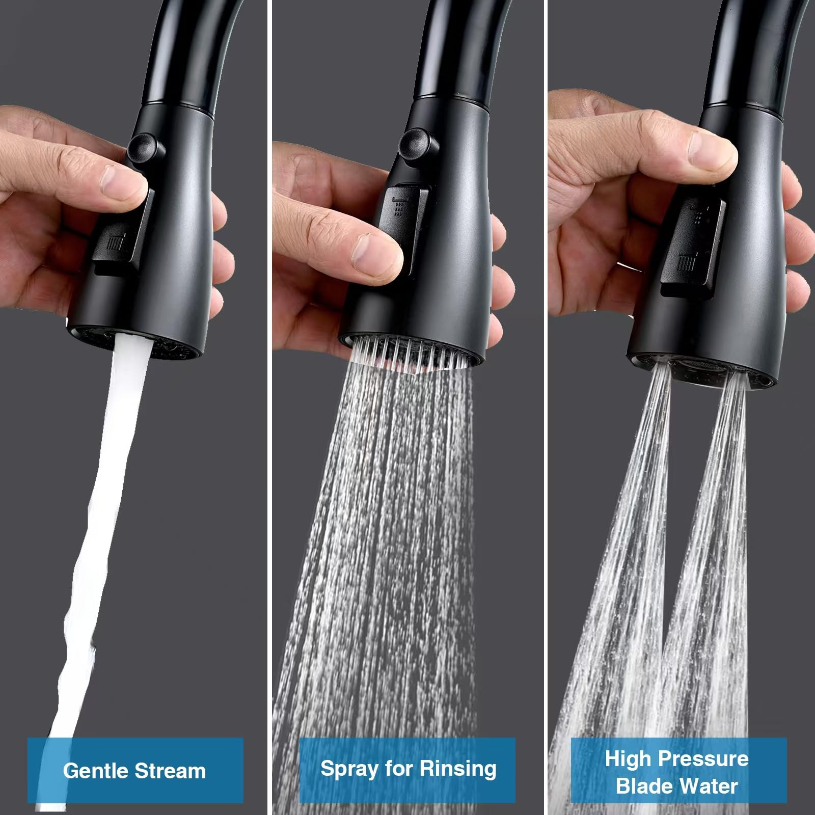SonTiy 3-function pull-down spray head switches between stream, rinse, and blade spray