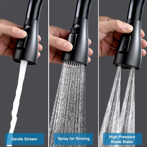 SonTiy 3-function pull-down spray head switches between stream, rinse, and blade spray