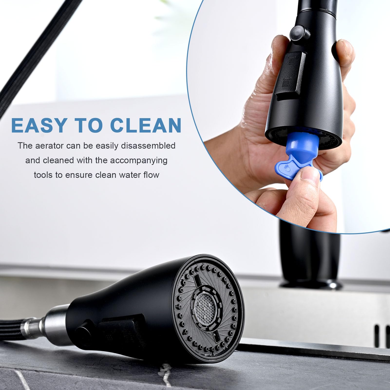 Matte black finish adds a modern touch to the faucet head design