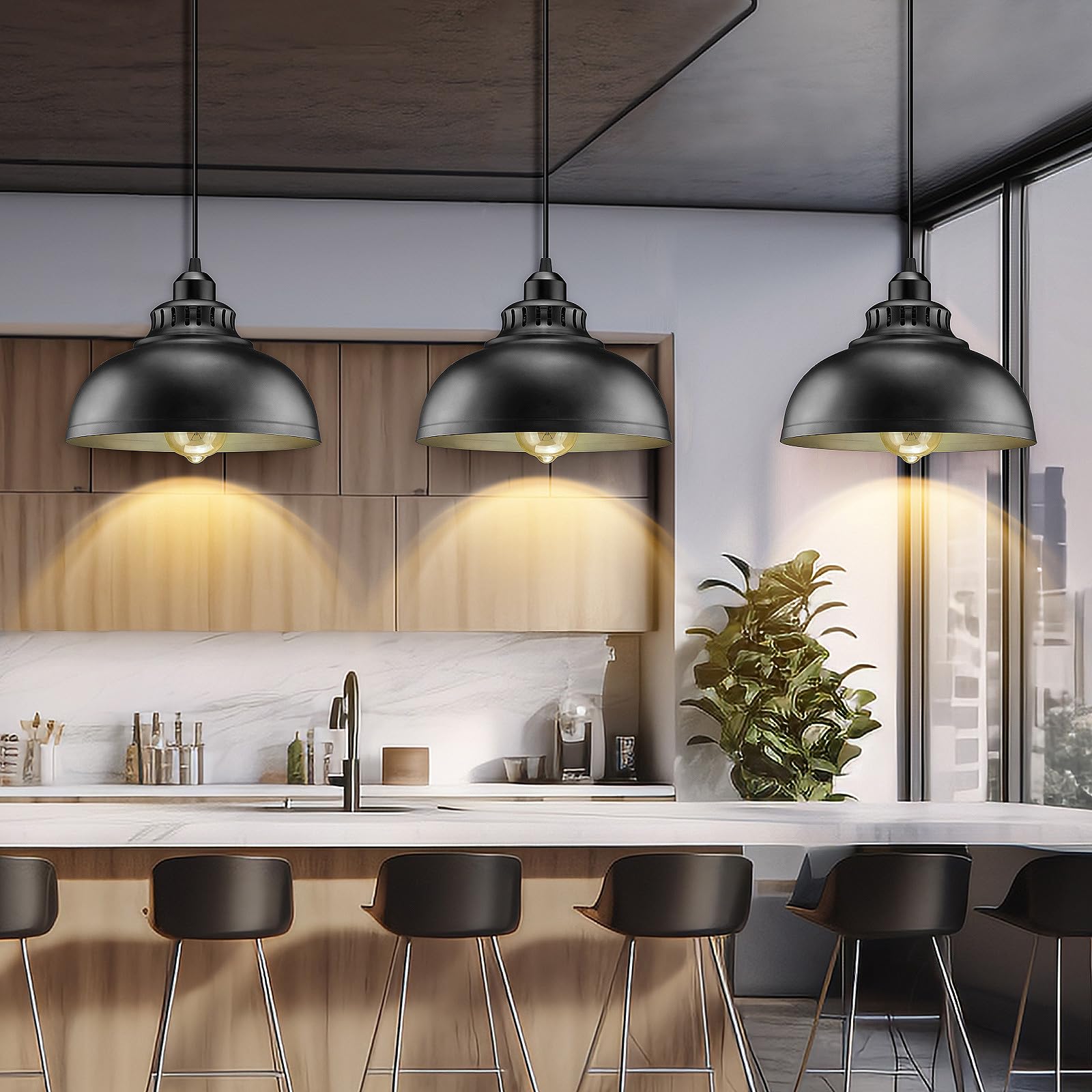 soodmi living room setup featuring adjustable-height pendant lighting.
