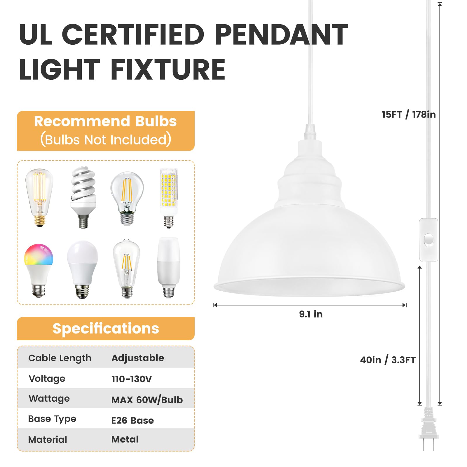 SoodMi white plug-in pendant lamp with on/off switch for easy control