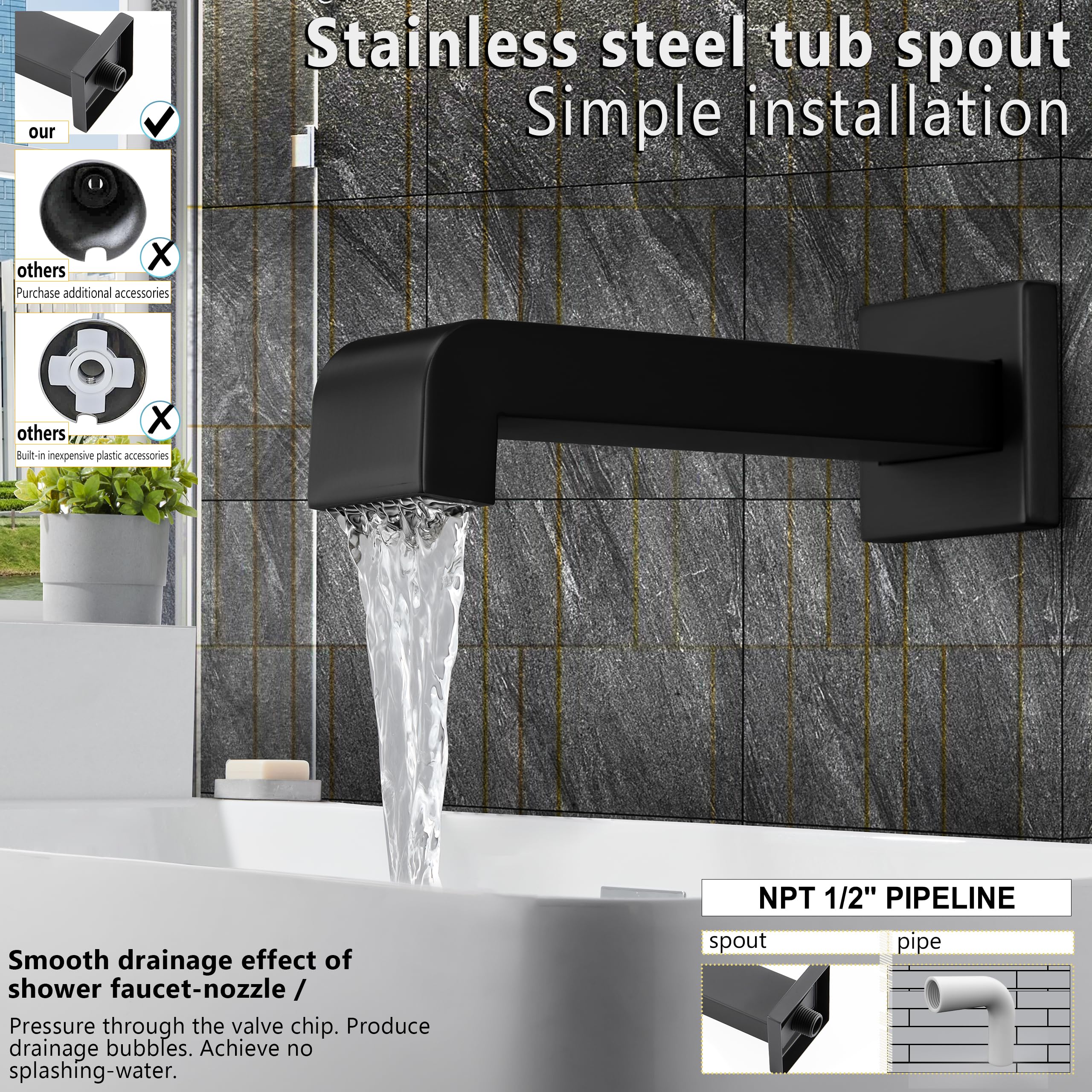 SOOOHOT 304 stainless tub spout for durable, leak-free water delivery.