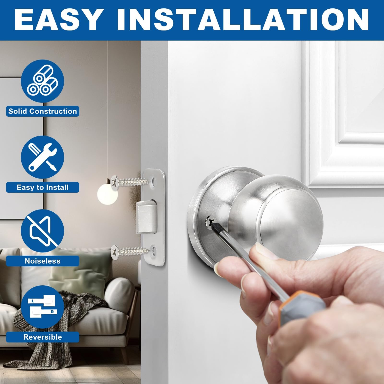 Sopoby Brushed Nickel knob with adjustable latch for 2 3/8 or 2 3/4 backsets