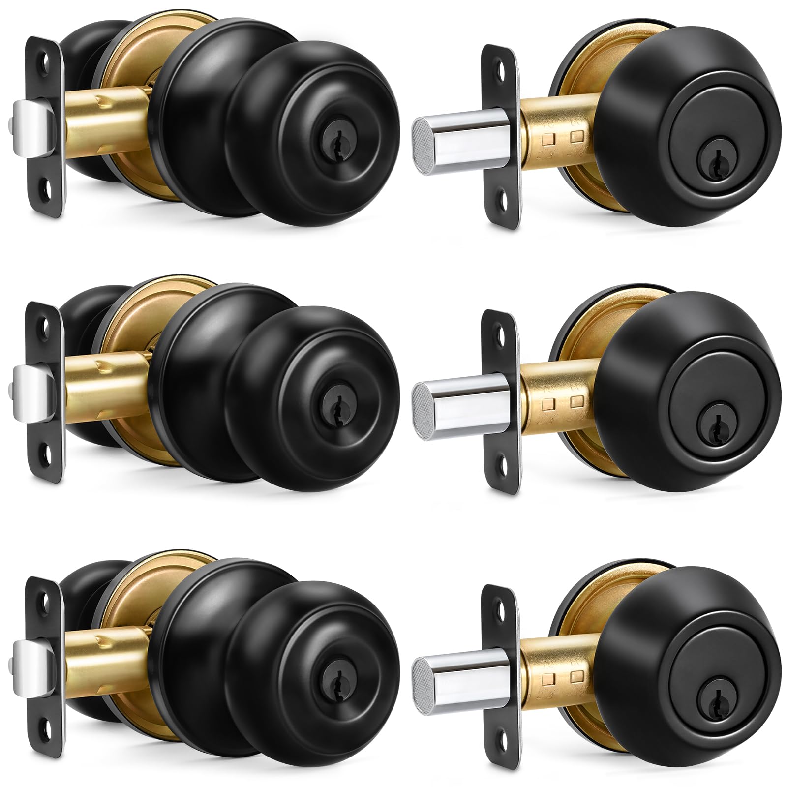 Sopoby entry door knob and deadbolt in matte black, front-view exterior hardware.