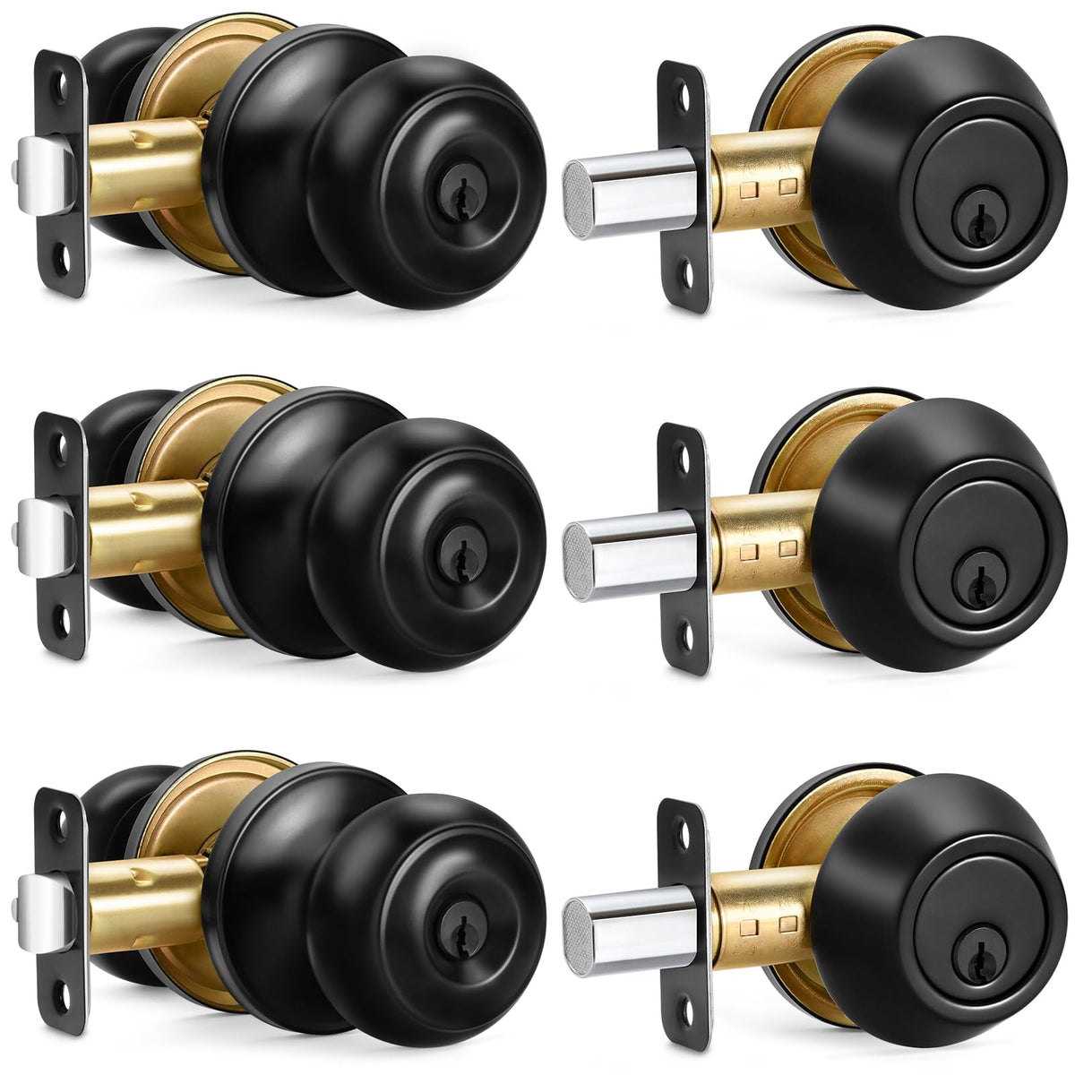 Sopoby entry door knob and deadbolt in matte black, front-view exterior hardware.