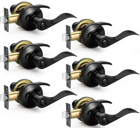 Sopoby matte black door lever closeup showing bedroom privacy control.