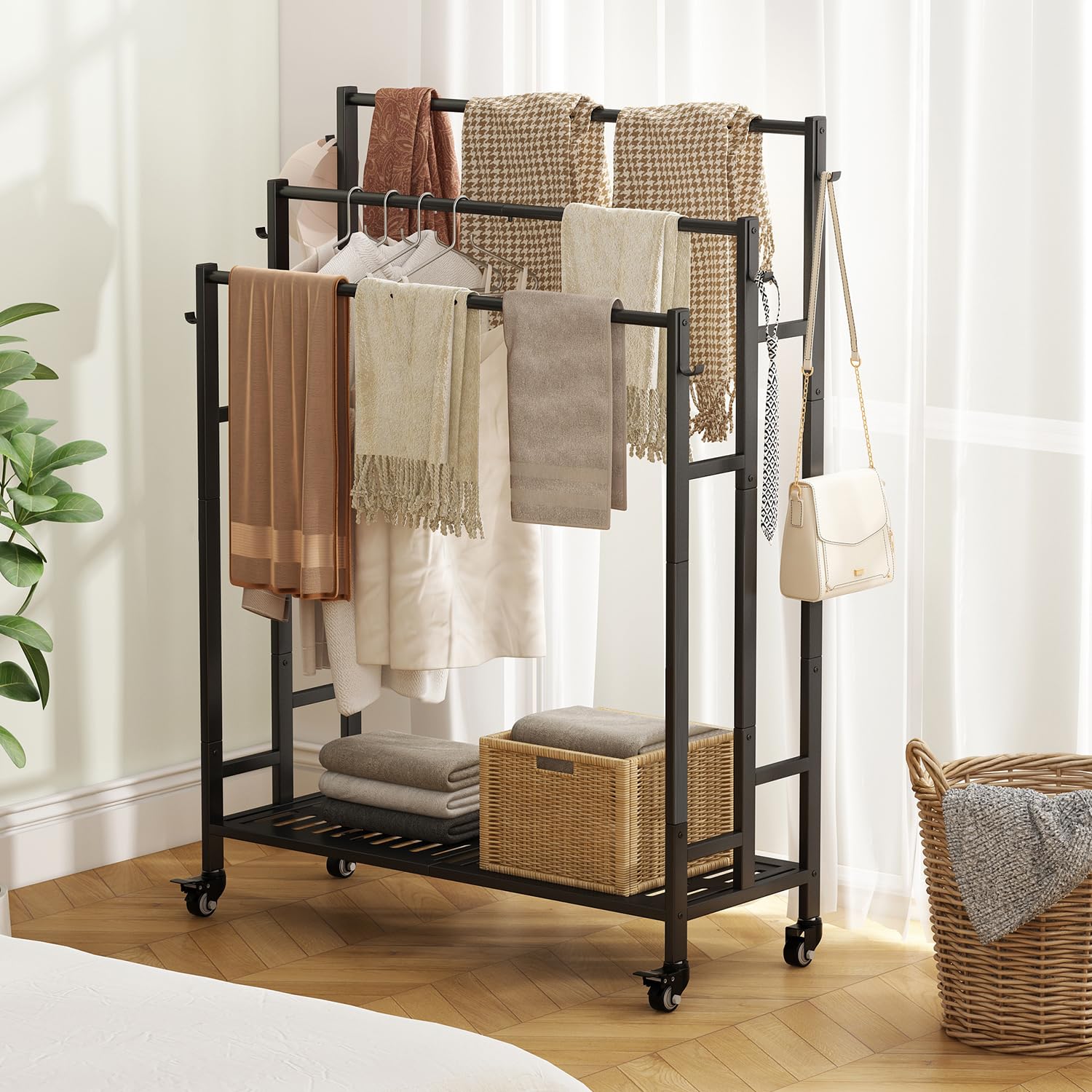 SORCEDAS towel rack side view demonstrates sturdy metal frame and stability on smooth floors.