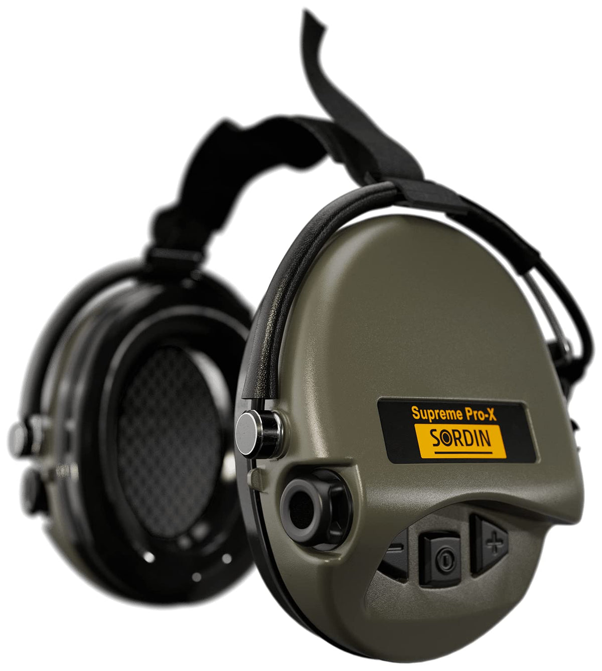 Sordin Pro-X olive neckband earmuffs for all-day comfort during outdoor activities.