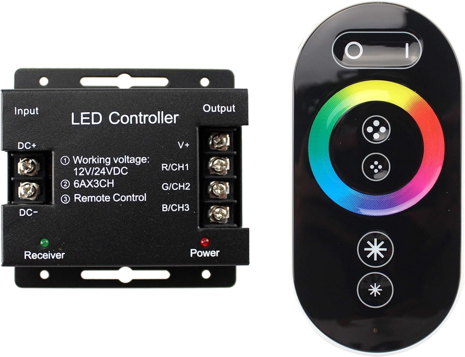 Sorfia RGB dimmer switch with RF remote for adjustable LED strip lighting.