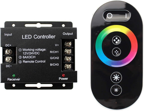 Sorfia RGB dimmer switch with RF remote for adjustable LED strip lighting.