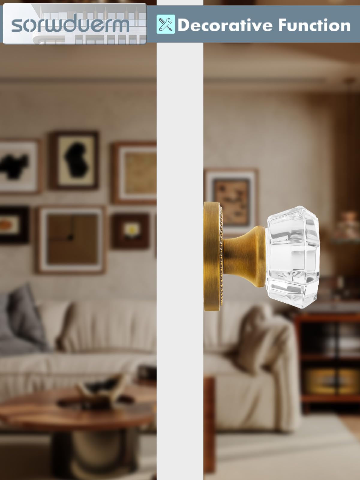 SORWDUERM antique brass door knobs packaging displays complete set for quick DIY installation.