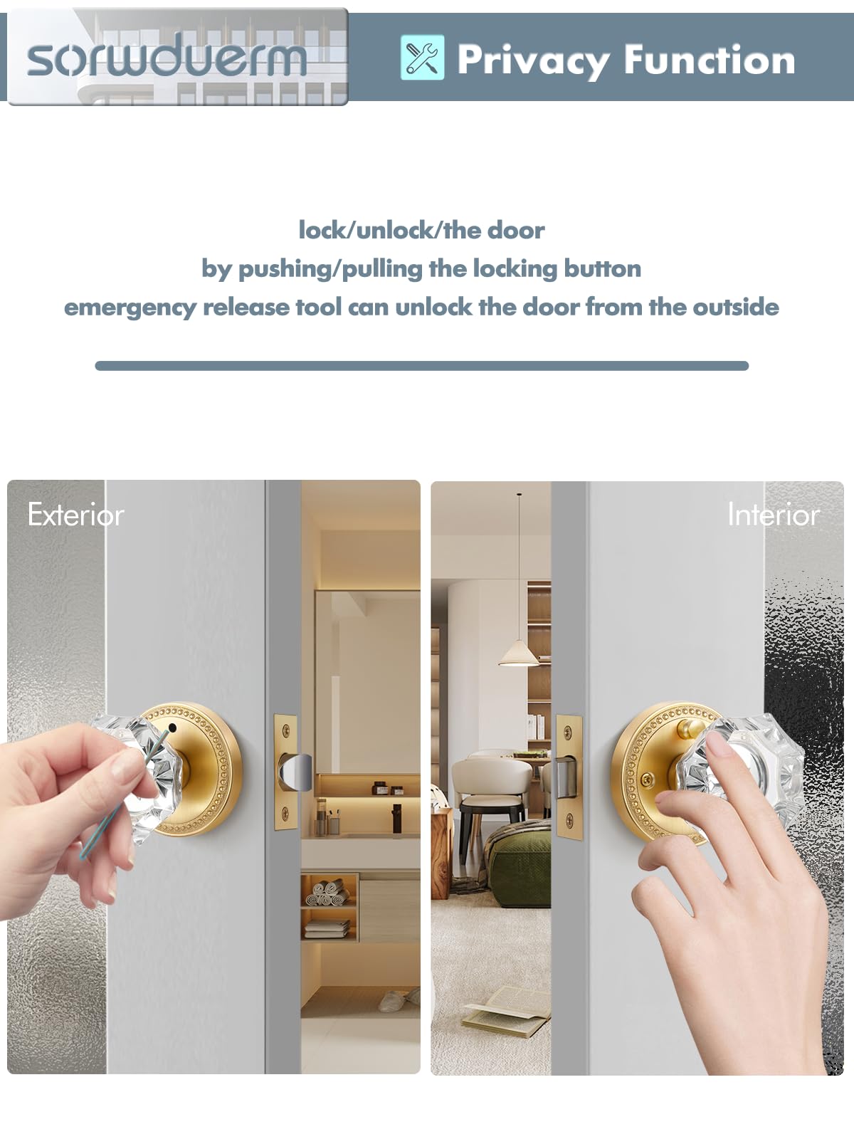 Sorwduerm latch-adjustment image shows fit for various door thicknesses.