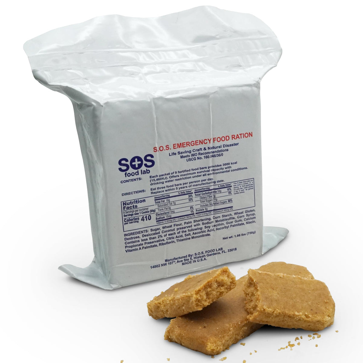 SOS Rations emergency 3600 calorie bar packaging; ready-to-eat for quick emergency meals.