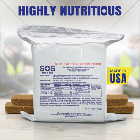 SOS Rations five-year shelf life; long-term storage readiness.