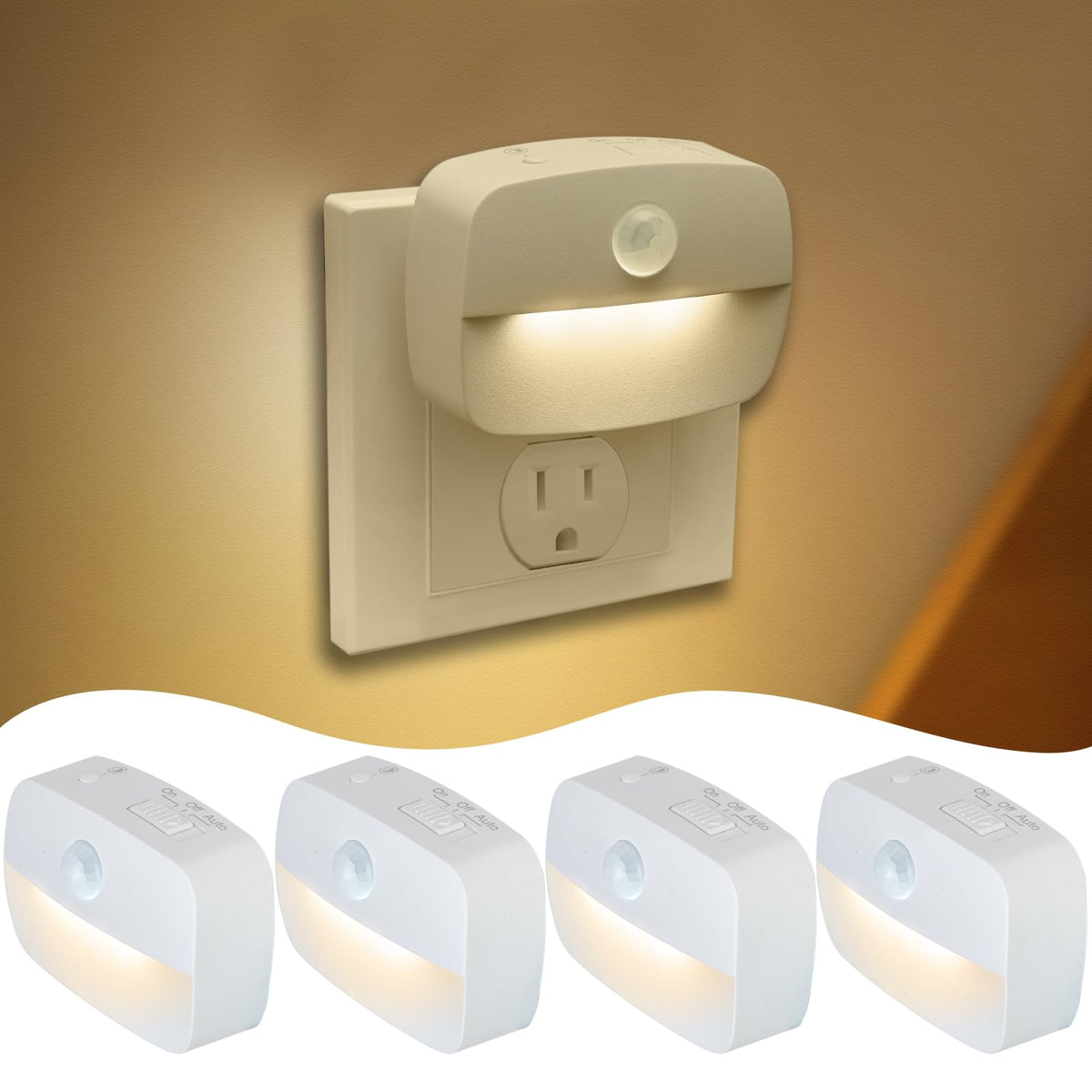 Sossi motion sensor night light plug-in 4-pack front view for hallway illumination.